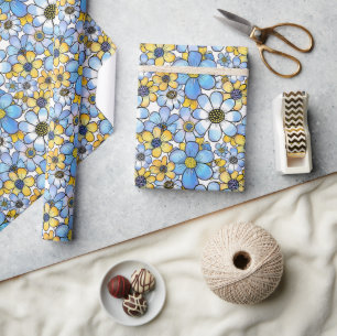 Playful Retro Floral Pattern, Soft Blue and Yellow Wrapping Paper