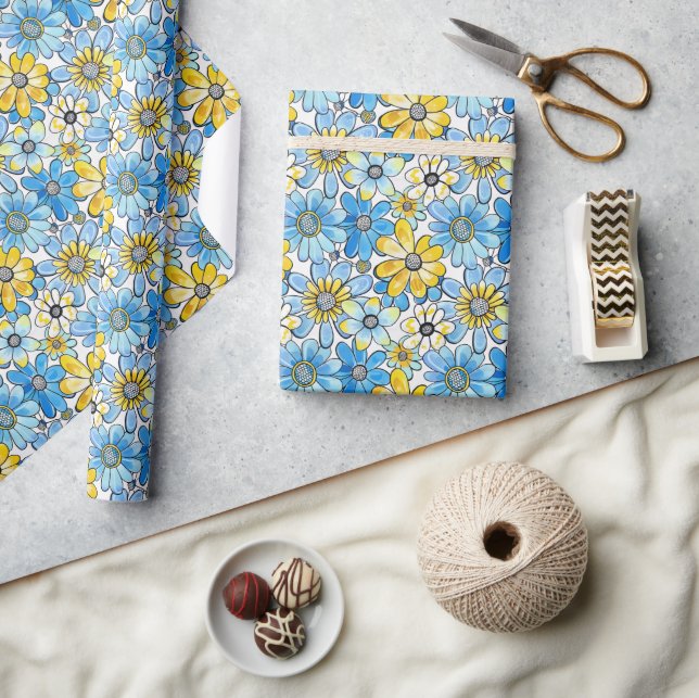 Playful Retro Floral Pattern, Soft Blue and Yellow Wrapping Paper (Crafts)
