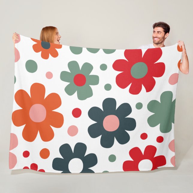 Playful Retro Flower Pattern Fleece Blanket (In Situ)