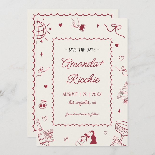 Playful Retro Hand Drawn Whimsical Doodle Wedding Save The Date (Front/Back)