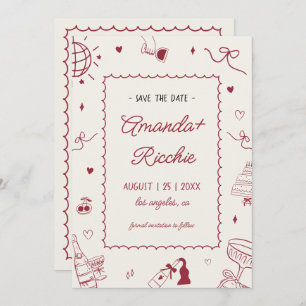 Playful Retro Hand Drawn Whimsical Doodle Wedding Save The Date