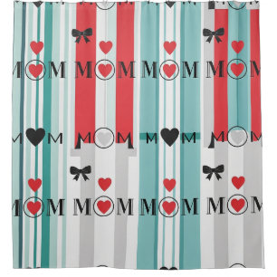 Playful Retro Mum with Hearts & Turquoise Stripes Shower Curtain