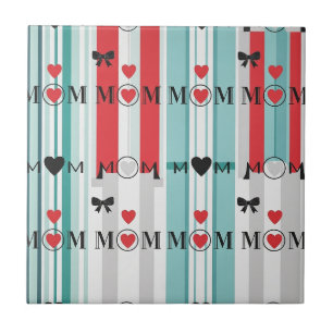 Playful Retro Mum with Hearts & Turquoise Stripes Tile