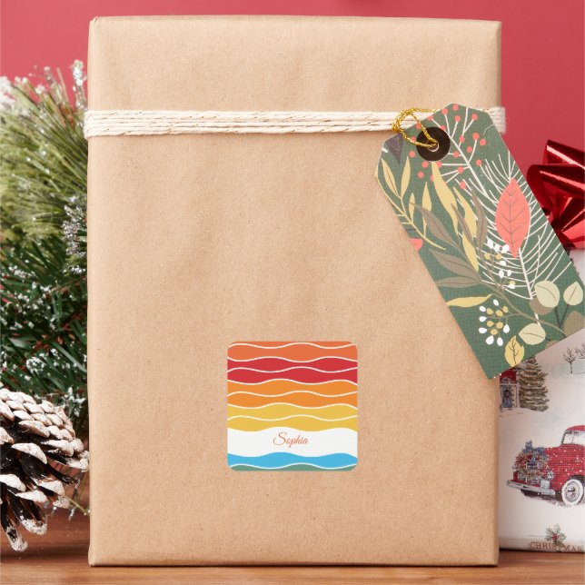 Playful Retro Rainbow Stripes for Custom Product Square Sticker (Holiday)