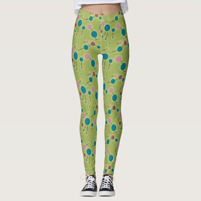 Playful Retro Small Molecules Universe Blue Green Leggings (Front)