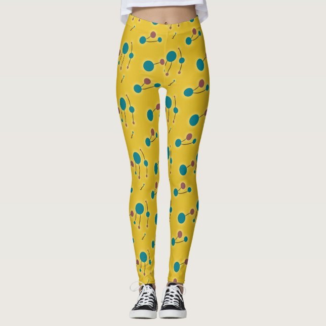 Playful Retro Small Molecules Universe Red Yellow Leggings (Front)