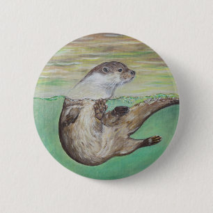Playful River Otter Painting 6 Cm Round Badge
