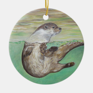 Playful River Otter Painting Ceramic Tree Decoration