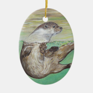 Playful River Otter Painting Ceramic Tree Decoration