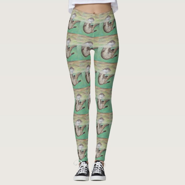 Playful River Otter Painting Leggings (Front)