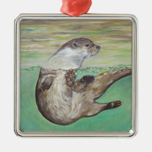 Playful River Otter Painting Metal Tree Decoration