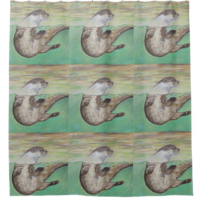 Playful River Otter Painting Shower Curtain (Front)