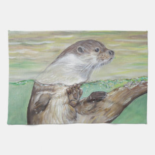 Playful River Otter Painting Tea Towel