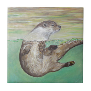 Playful River Otter Painting Tile