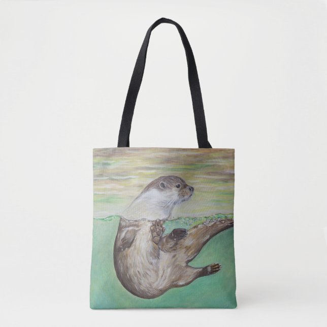 Playful River Otter Painting Tote Bag (Front)