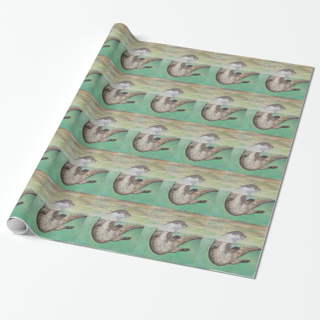 Playful River Otter Painting Wrapping Paper (Unrolled)