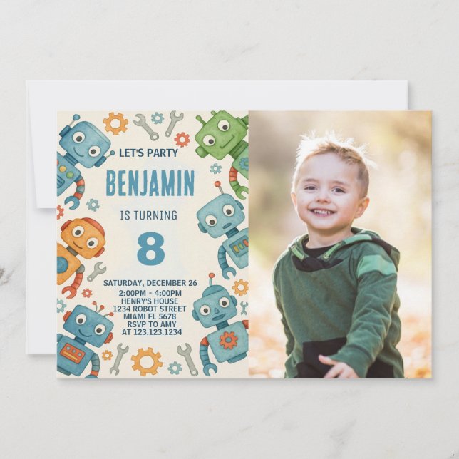 Playful Robot Birthday Invitation for Kids (Front)