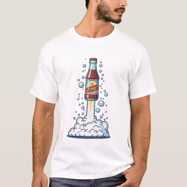 Playful Rocket Bottle Illustration Bursting T-Shirt (Front)
