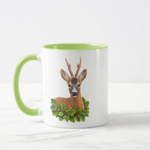 Playful Roe Buck in Green Woodland Mug