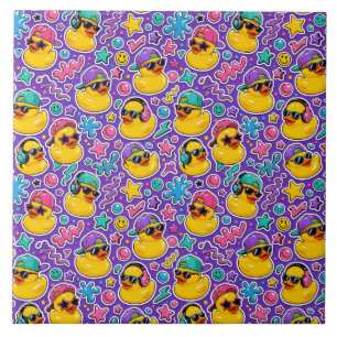 Playful Rubber Duck Pattern with Colourful Stars a Tile