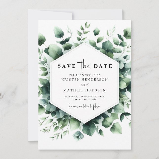 Playful Rustic Eucalyptus Digital Wedding Save The Date (Front)