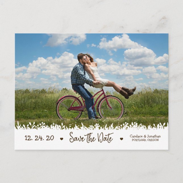 Playful Rustic Foliage Border Photo Save the Date Announcement Postcard (Front)