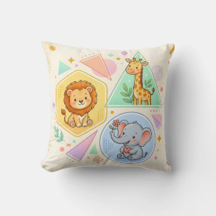 Playful Safari Animals Lion Elephant Giraffe Cushion