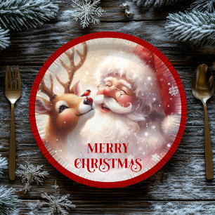 Playful Santa and Red Nose Rudolph Paper Plates