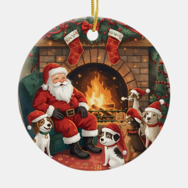Playful Santa & Pets Christmas  Ceramic Tree Decoration (Front)