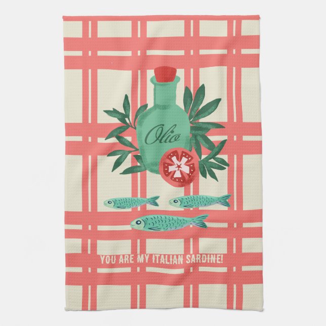 Playful Sardines Olive Oil Coral Kitchen Design Tea Towel (Vertical)