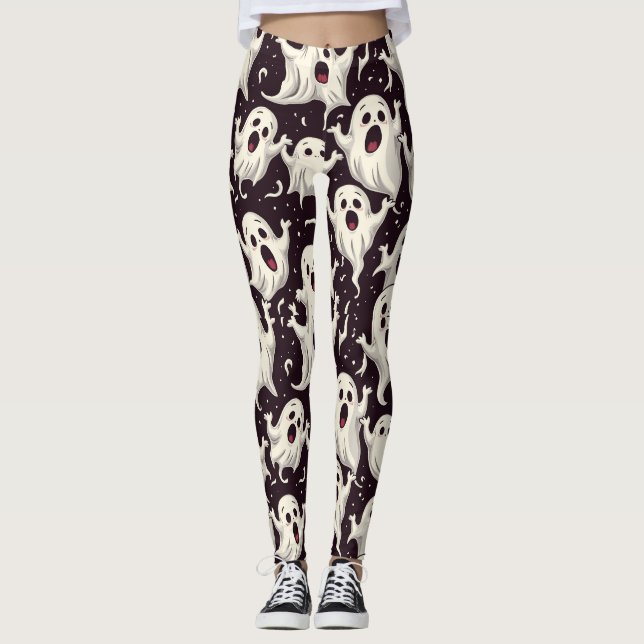 Playful Scary Ghost Pattern for Halloween Night Leggings (Front)