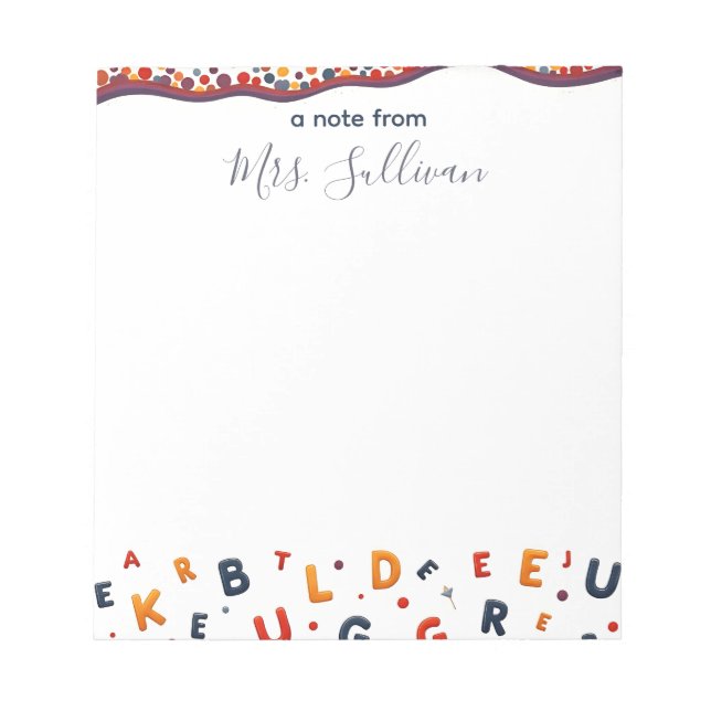 Playful Scattered Letters Teacher Appreciation Notepad (Front)