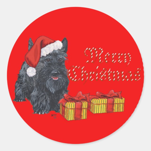 Playful Scottie Christmas Classic Round Sticker (Front)