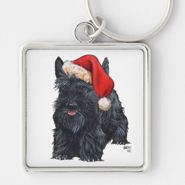 Playful Scottish Terrier Santa Key Ring (Front)