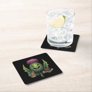 Playful Scottish Thistle Character With Whisky and Square Paper Coaster