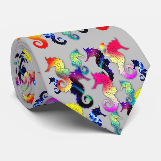 Playful Seahorse Graphics in Rainbow Colours Tie (Rolled)