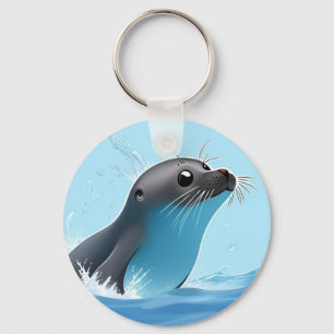 Playful Seal Leaping Through Ocean Key Ring