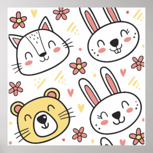 Playful Seamless Pattern with Cute Cartoon Animals Poster