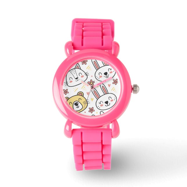Playful Seamless Pattern with Cute Cartoon Animals Watch (Front)