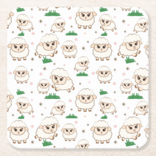 Playful Sheep Pattern Square Paper Coaster