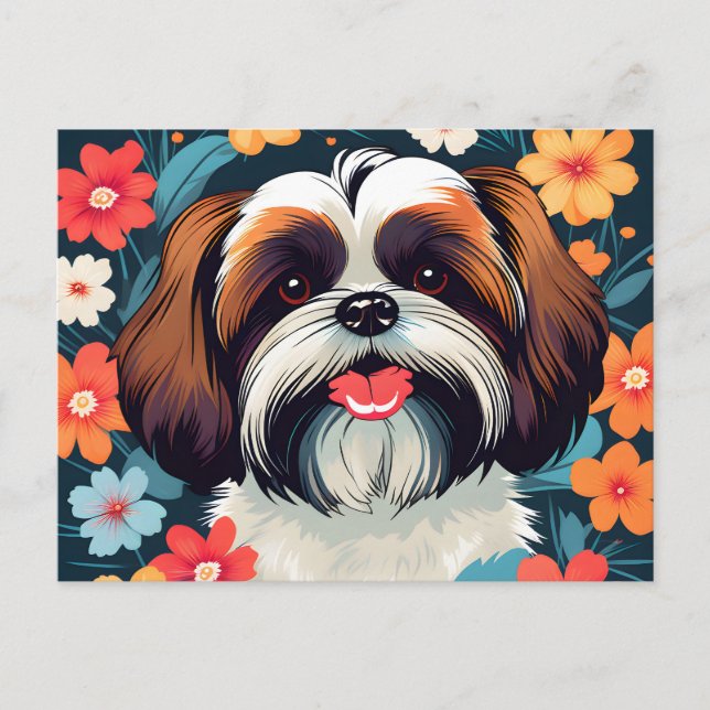 Playful Shih Tzu And Flowers Field Postcard (Front)