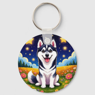 Playful Siberian Husky Key Ring