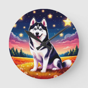 Playful Siberian Husky Round Clock
