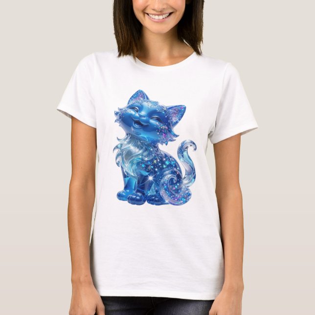 Playful Silver BLUE GLITTER CAT Graphic Tee (Front)