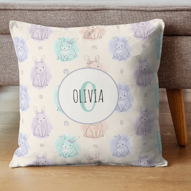 Playful Sketch Bunnies Monogram Cushion (Creator Uploaded)