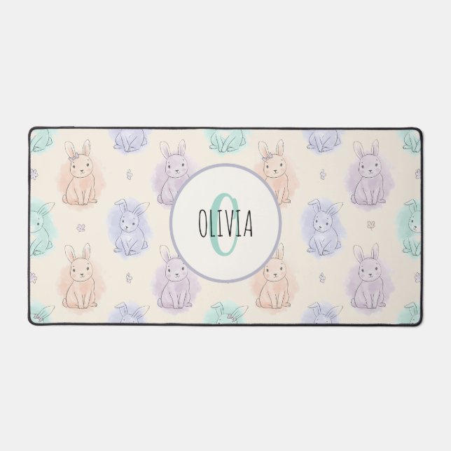 Playful Sketch Bunnies Monogram Desk Mat (Front)