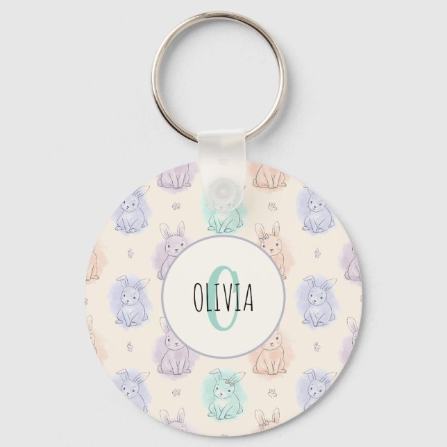 Playful Sketch Bunnies Monogram Key Ring (Front)