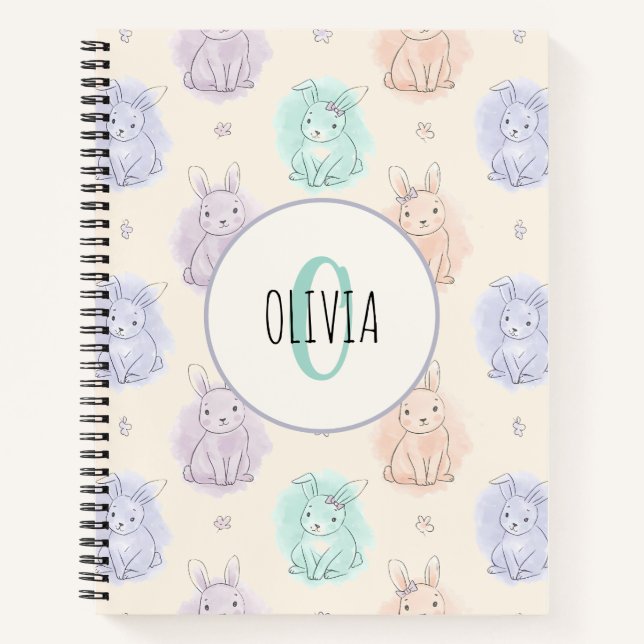 Playful Sketch Bunnies Monogram Notebook (Front)