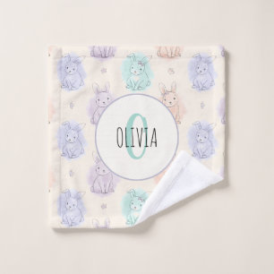 Playful Sketch Bunnies Monogram Wash Cloth