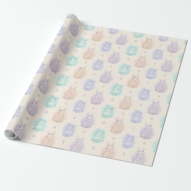 Playful Sketch Bunnies Monogram Wrapping Paper (Unrolled)